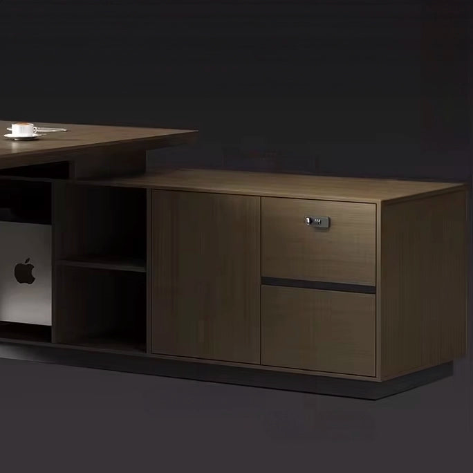 Arcadia 中型高端咖啡棕色行政 L 形家庭办公桌，带抽屉和储物空间、电缆管理和密码锁