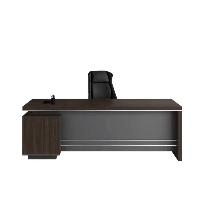Arcadia 紧凑型中档深灰色和粗棕色行政 L 形学习办公桌，配有抽屉和橱柜，用于存储、可锁抽屉和电缆管理
