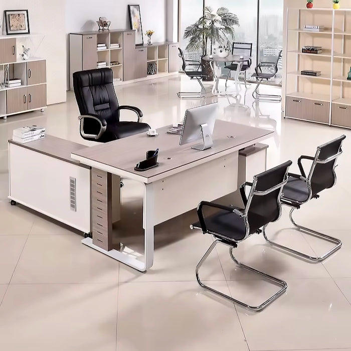 Arcadia Compact High-end Birch Beige and White Mobile L-shaped Return Home and Corporate Office Desk with Drawers and Cabinets Storage, Privacy Bevel, and Cord Management