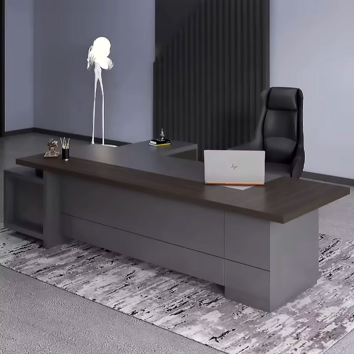 Arcadia 大型中档浅深灰色和棕色行政 L 形学习办公桌，带抽屉和橱柜，用于存储、可锁抽屉和电缆管理