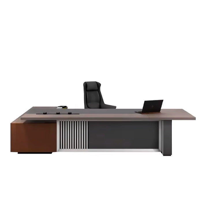 Arcadia 大型中档浅灰色和棕色行政 L 形学习办公桌，配有抽屉和橱柜，用于存储、可上锁的抽屉和电缆管理