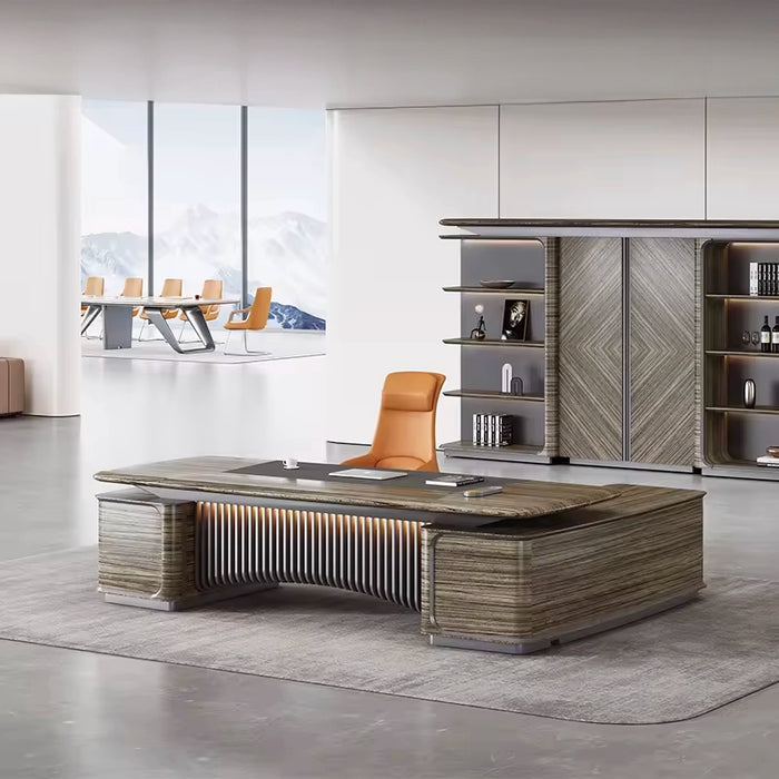 Arcadia 奢华高端品质金棕色 L 型 CEO 行政办公桌，带指纹锁抽屉和橱柜储物柜，耐用表面，光滑桌面，无线充电
