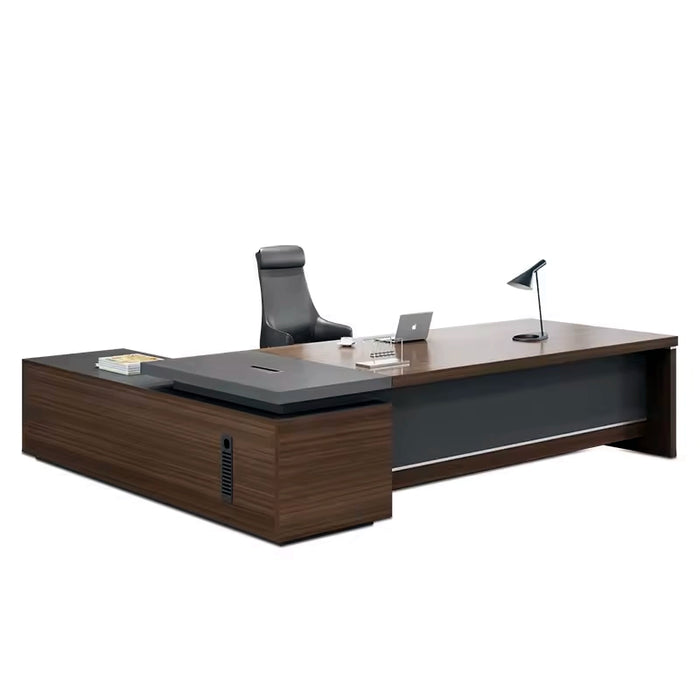 Arcadia Mid-sized High-end Brown/Black Executive L-shaped Home Office Desk with Drawers and Storage, Cable Management, and Password Lock