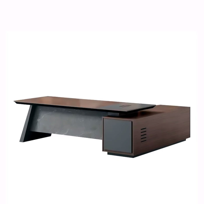 Arcadia 时尚专业黑棕色行政 L 形办公桌，带抽屉和存储空间，适合家庭和商业使用，配有回程桌、电缆管理、密码锁和宽敞的设计