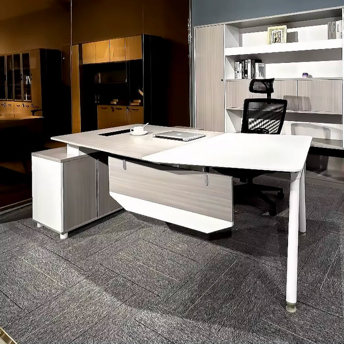Arcadia Compact Professional Gray and White Executive L-shaped Office Desk with Drawers and Storage for Home and Business Use with Return Desk, Cable Management, Password Lock, and Spacious Design