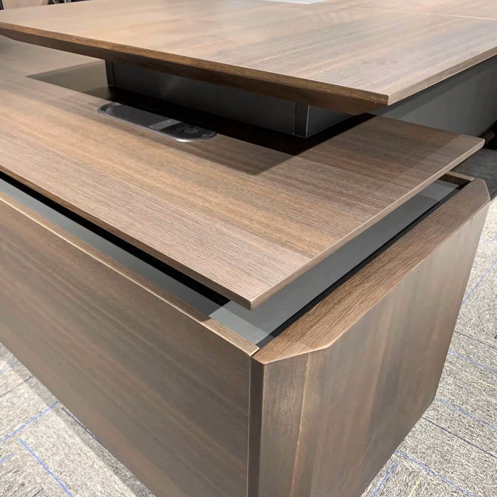 Arcadia Sleek Professional Oak Brown and Gray Executive L-shaped Office Desk with Drawers and Storage for Home and Business Use with Return Desk, Cable Management, Password Lock, Wireless Charging Ports, and Spacious Design