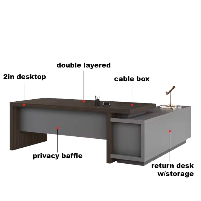 Arcadia 中型中档深灰色和深棕色行政 L 形学习办公桌，配有抽屉和橱柜，用于存储、可上锁的抽屉和电缆管理