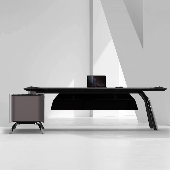 Arcadia 中型高端超高品质金属灰色行政 L 形转角家庭办公桌，配有抽屉和储物空间、无线和 USB 充电端口以及指纹锁