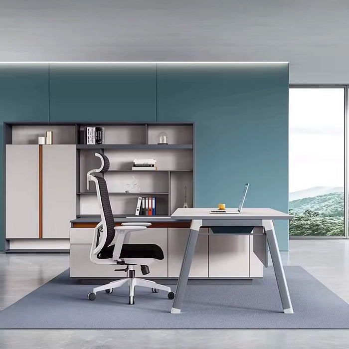 Arcadia Escritorio compacto para oficina en casa, compacto, en forma de L, azul y blanco, con cajones y gabinetes de almacenamiento, pizarra de privacidad y ventilación de calor