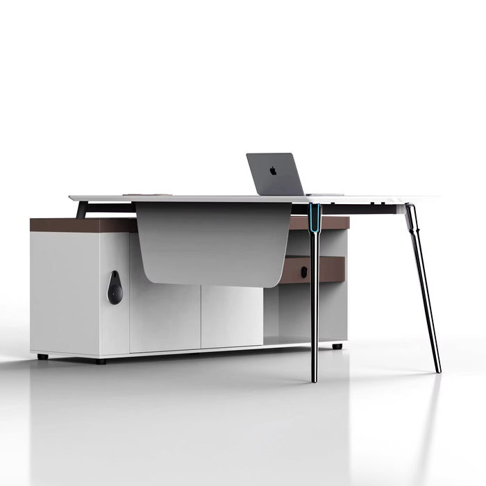 Arcadia 中型高端超高品质象牙白色行政 L 形转角家庭办公桌，带抽屉和储物空间、电线管理和机械锁