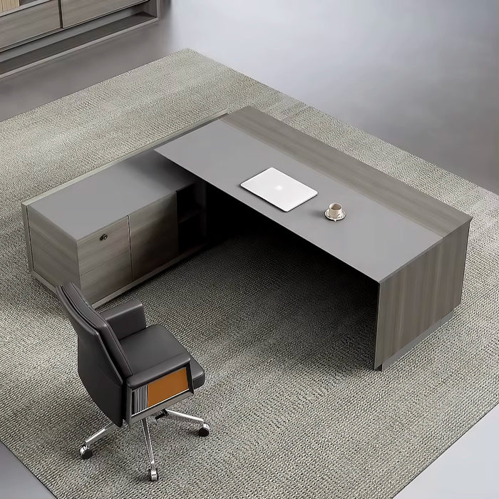 Arcadia 正式中型专业棕色行政 L 形商务和家庭办公桌，配有抽屉和存储空间、电缆管理、密码锁和金属挡板