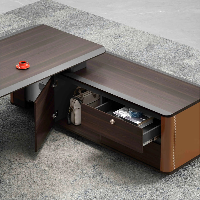 Arcadia 大型（90 至 120 英寸）高端黑色和棕灰色行政 L 形家庭办公桌，带抽屉和储物空间、电缆管理和无线充电 + USB