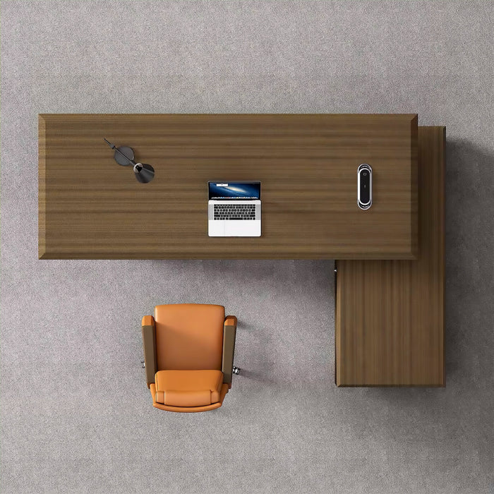 Arcadia 中型高端 Oakwood 棕色行政 L 形家庭办公桌，带抽屉和储物空间、电缆管理和无线充电