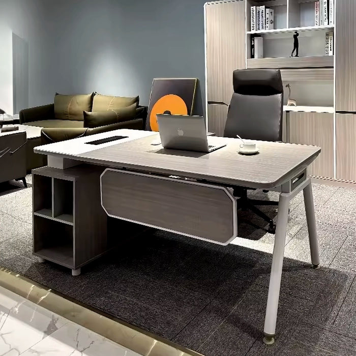 Arcadia Práctico escritorio de oficina ejecutivo profesional en forma de L, gris y blanco, con cajones y almacenamiento para uso doméstico y empresarial, con mostrador de devolución, gestión de cables, bloqueo con contraseña y diseño espacioso