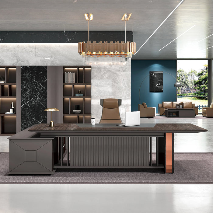 Arcadia 奢华高端优质咖啡棕色 L 形 CEO 行政办公桌，带抽屉和橱柜储物空间，耐用表面，光滑桌面