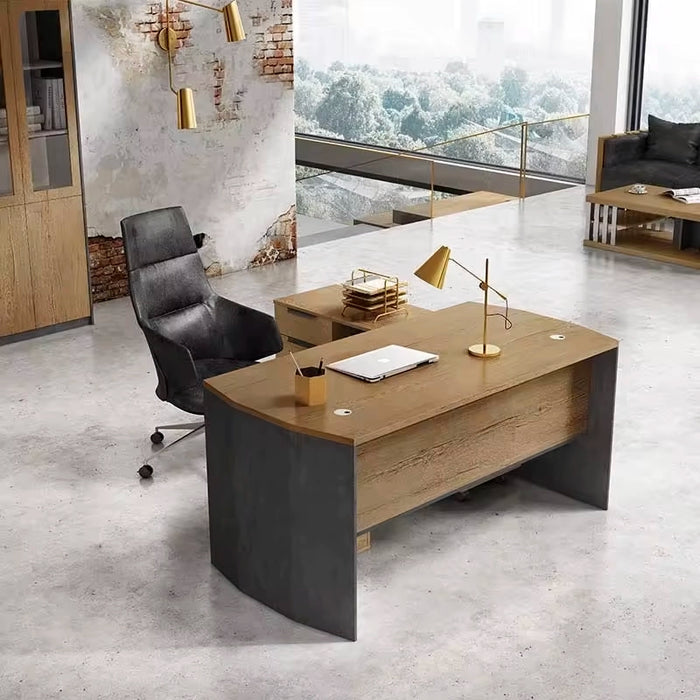 Arcadia Escritorio de oficina ejecutivo en forma de L, moderno, exclusivo, de roble marrón natural, profesional y para el hogar, con gabinetes, cajones y escritorio de retorno