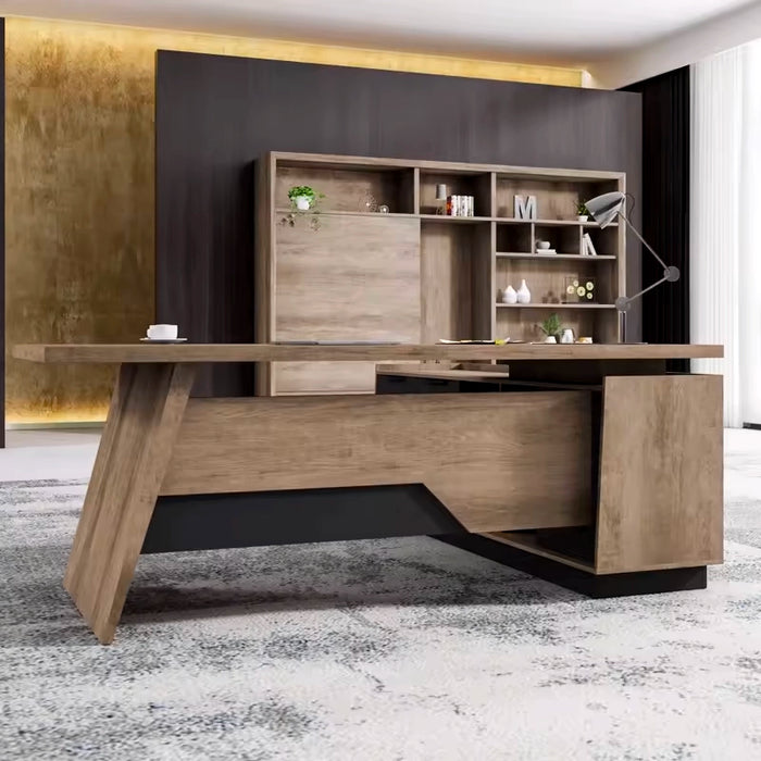 Arcadia Mid-sized Upscale Natural Dark Brown Oak Professional and Home L-shaped Executive Office Desk with Cabinets and Drawers, Cable Management, and Return Desk