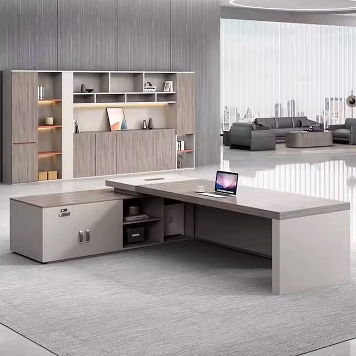 Arcadia 中型高端现代白色行政 L 形家庭办公桌，带抽屉和储物空间、电缆管理、桌面充电和密码锁