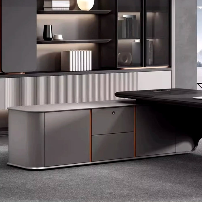 Arcadia Large High-end Ultra High Quality Metallic Gray Executive L-shaped Corner Home and Commercial Office Desk with Oak Desktop, Drawers and Storage, Wireless and USB Charging Port, and Mechanical Lock