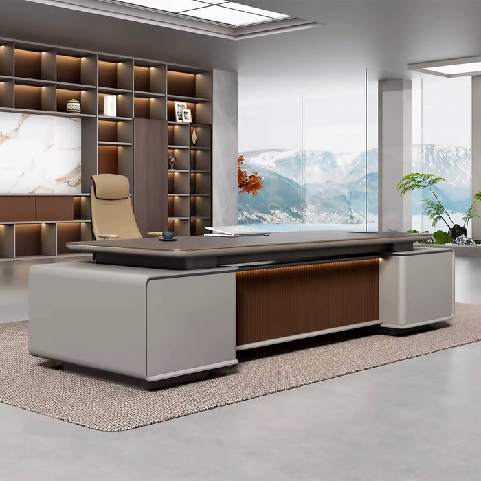 Arcadia 未来派专业深橡木棕色和灰色行政 L 形办公桌，带抽屉和存储空间，适合家庭和商业使用，配有回程桌、电缆管理、密码锁和宽敞的设计