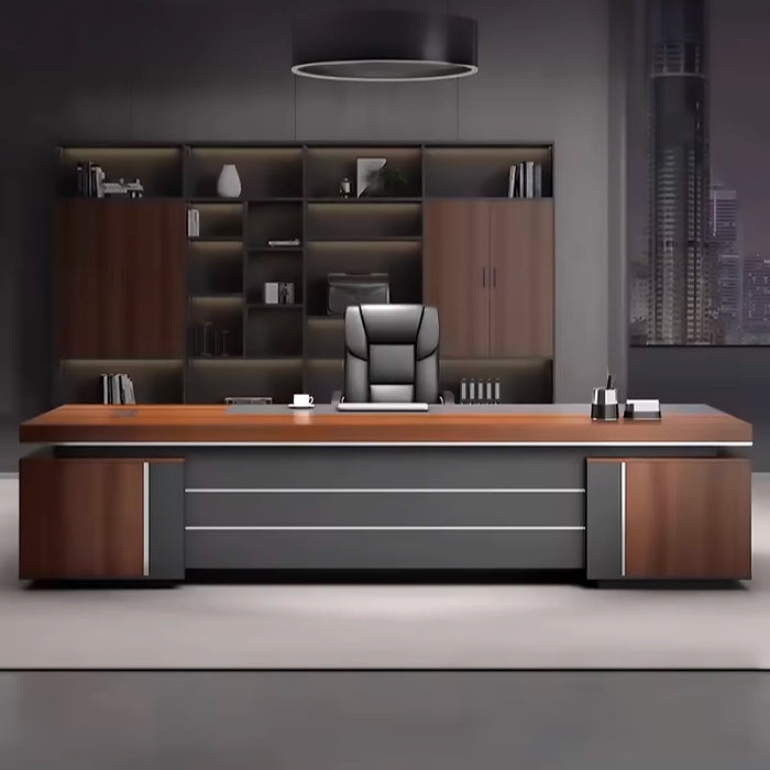 Arcadia 经典高端棕灰色琥珀色 L 形家庭和公司办公桌，带抽屉和橱柜存储、可锁存储和电线管理