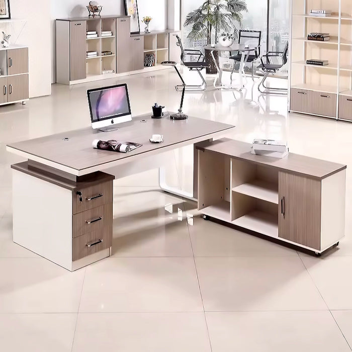 Arcadia Compact High-end Birch Beige and White Mobile L-shaped Return Home and Corporate Office Desk with Drawers and Cabinets Storage, Privacy Bevel, and Cord Management