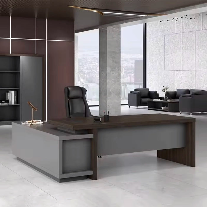 Arcadia 中型中档深灰色和深棕色行政 L 形学习办公桌，配有抽屉和橱柜，用于存储、可上锁的抽屉和电缆管理
