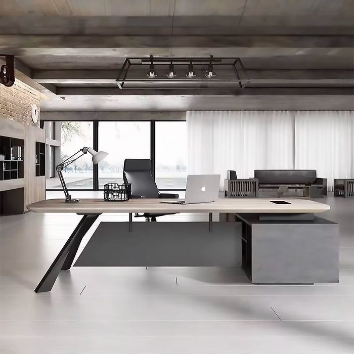 Arcadia 中型高端黑色/棕色行政 L 形家用和专业办公桌，带抽屉和橱柜存储、隐私斜面和电线管理
