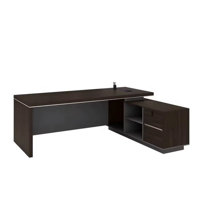 Arcadia Compact Mid-range Dark Gray and Bold Brown Executive L-shaped Study Office Desk with Drawers and Cabinets for Storage, Lockable Drawers, and Cable Management