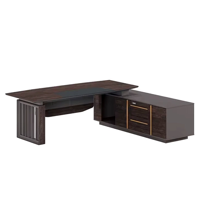 Arcadia 奢华高端优质咖啡棕色 L 形 CEO 行政办公桌，带抽屉和橱柜储物空间，耐用饰面，隐私斜面板岩和光滑桌面