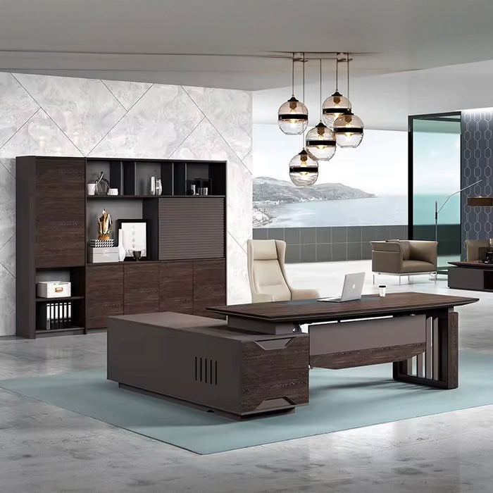 Arcadia 奢华高端优质咖啡棕色 L 形 CEO 行政办公桌，带抽屉和橱柜储物空间，耐用饰面，隐私斜面板岩和光滑桌面