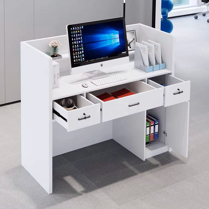 Natalia 47-56" Rectangular Receptionist Desk with Gloss Finishing | AF Example 100" White Rounded Receptionist Desk with Gloss Finishing | AF JY-RT-03