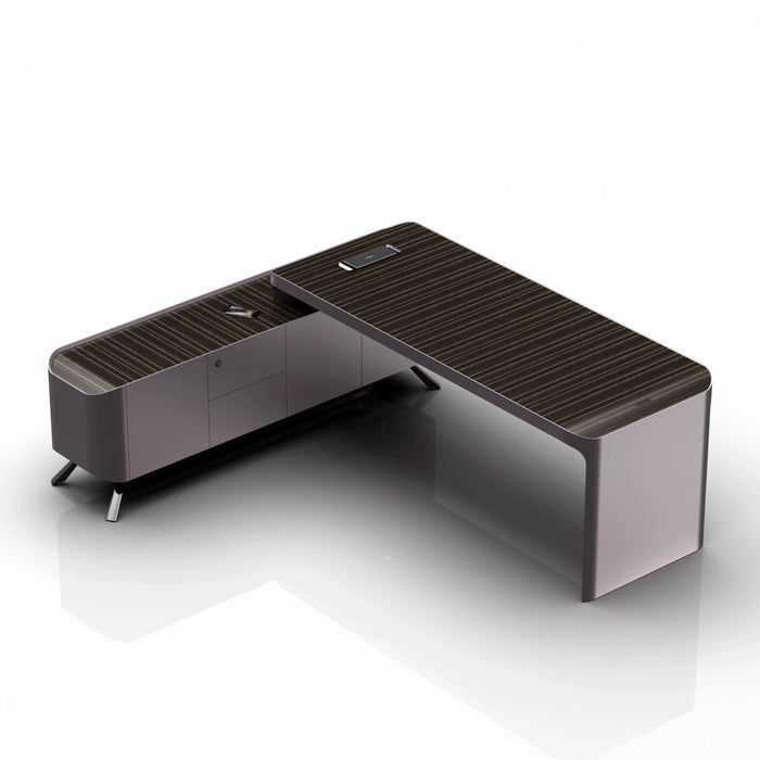Arcadia 中型高端超高品质金属灰色行政 L 形转角家庭办公桌，配有橡木桌面、抽屉和储物柜、无线和 USB 充电端口以及指纹锁