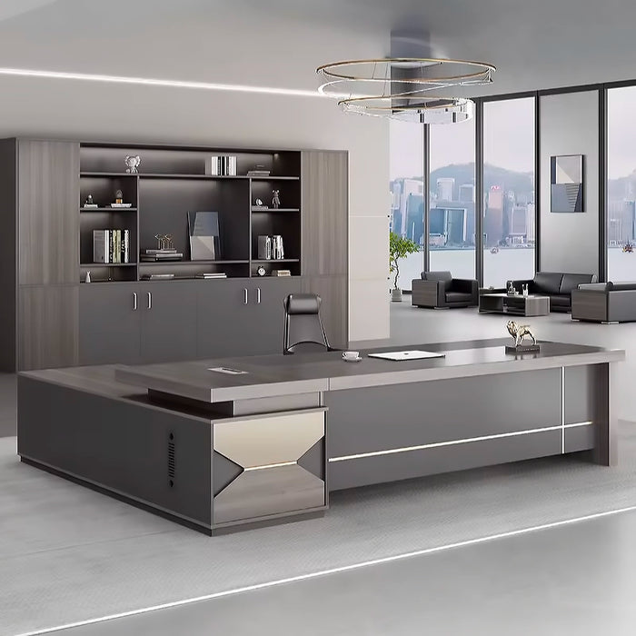 Arcadia 经典高端棕褐色和灰色 L 形家庭和公司办公桌，带抽屉和橱柜存储、隐私斜面和电线管理