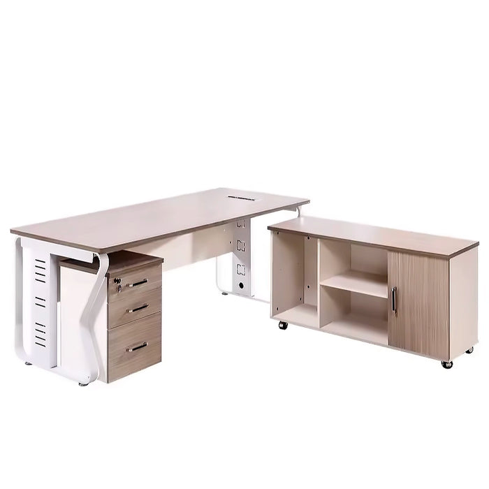 Arcadia Compact High-end Birch Beige and White Mobile L-shaped Return and Mobile File Cabinet Home and Corporate Office Desk with Drawers and Cabinets Storage, Privacy Bevel, and Cord Management