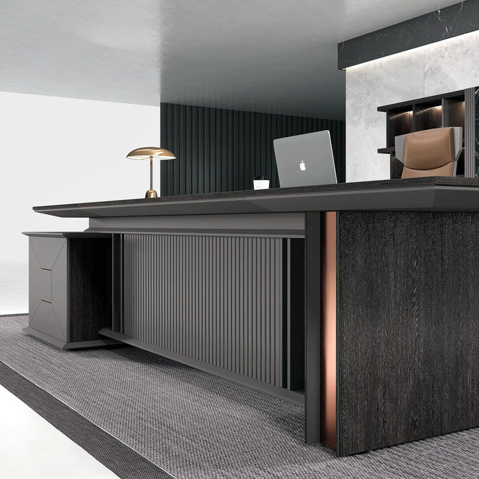 Arcadia Escritorio ejecutivo ejecutivo en forma de L, color marrón café, de alta calidad, con cajones y gabinetes de almacenamiento, acabado duradero y elegante escritorio
