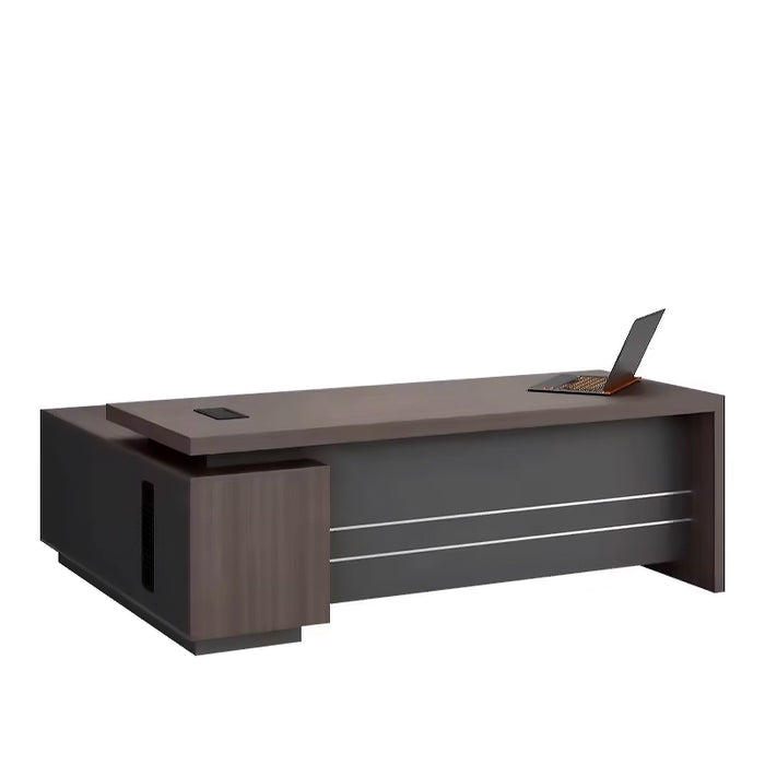 Arcadia 中型中档浅棕色和黑色行政 L 形学习办公桌，配有抽屉和储物柜、可上锁的抽屉、电缆管理和散热孔