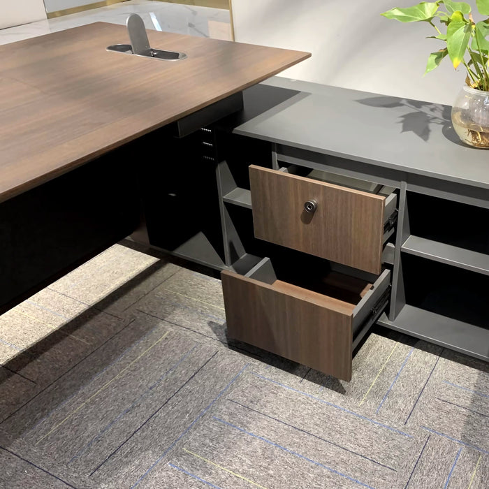 Arcadia Classic Professional Oak Brown and Gray Executive L-shaped Office Desk with Drawers and Storage for Home and Business Use with Return Desk, Cable Management, Password Lock, Wireless Charging Ports, and Spacious Design