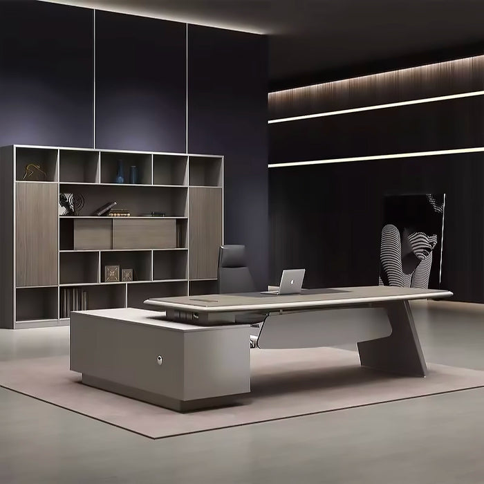 Arcadia 一体式灰色/黑色 [多种尺寸] 行政 L 形家庭办公桌，带抽屉和储物空间、电缆管理和桌面充电端口