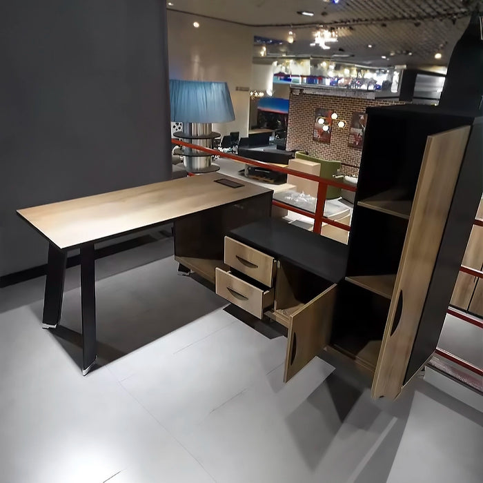 Arcadia 中型高端黑色/棕色节省空间实用 L 形家用和专业办公桌，配有大量抽屉和橱柜，可存储和管理电线