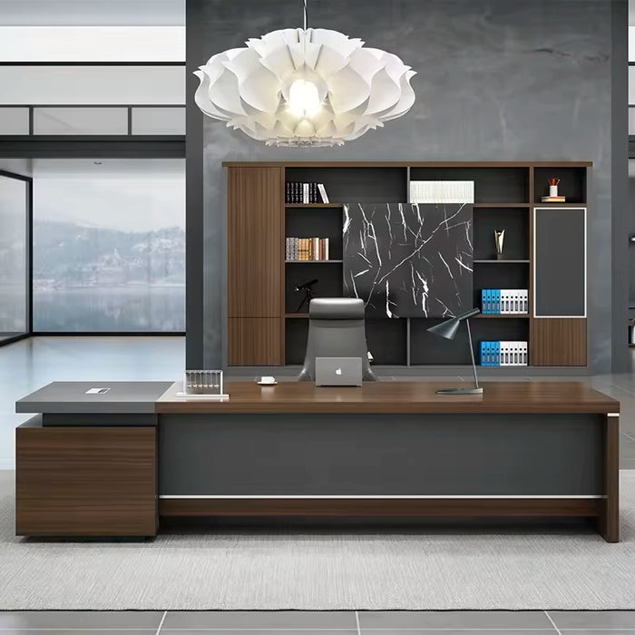 Arcadia 中型高端棕色/黑色行政 L 形家庭办公桌，带抽屉和储物空间、电缆管理和密码锁