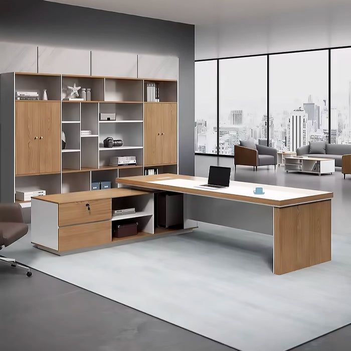 Arcadia Mid-sized High-end Beige Tan and White Executive L-shaped Return Home and Corporate Office Desk with Drawers and Cabinets Storage, Privacy Bevel, and Cord Management