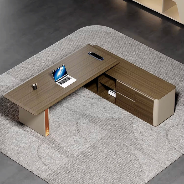 Arcadia Moderno escritorio ejecutivo de alta gama en forma de L para oficina en casa, color beige, tostado y marrón roble, con cajones y espacio de almacenamiento, gestión de cables y carga inalámbrica