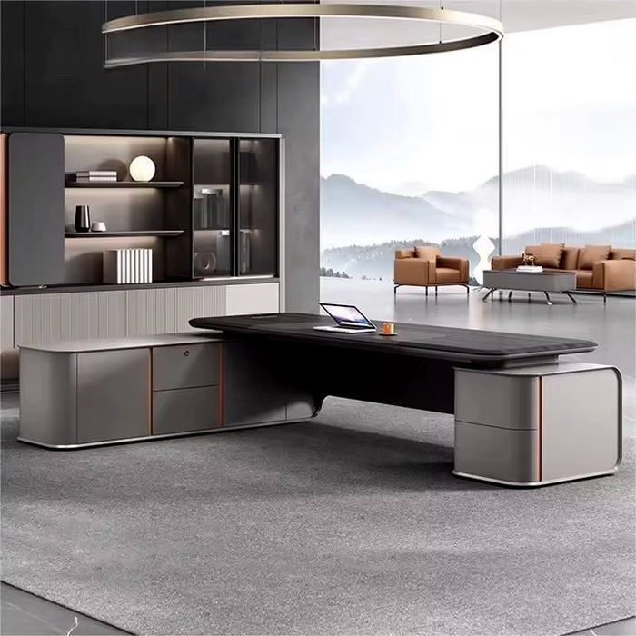 Arcadia 大型高端超高品质金属灰色行政 L 形转角家庭和商业办公桌，配有橡木桌面、抽屉和储物柜、无线和 USB 充电端口以及机械锁