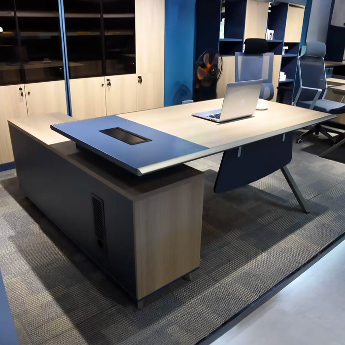 Arcadia 经典专业米色棕褐色和蓝色行政 L 形办公桌，带抽屉和存储空间，适合家庭和商业使用，配有回程桌、电缆管理、密码锁和宽敞的设计
