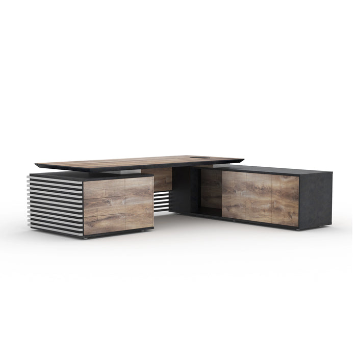 Arcadia 中型高端黑色/棕橡木行政 L 形回转可调高度办公桌，带通用充电端口、抽屉和橱柜存储以及电线管理