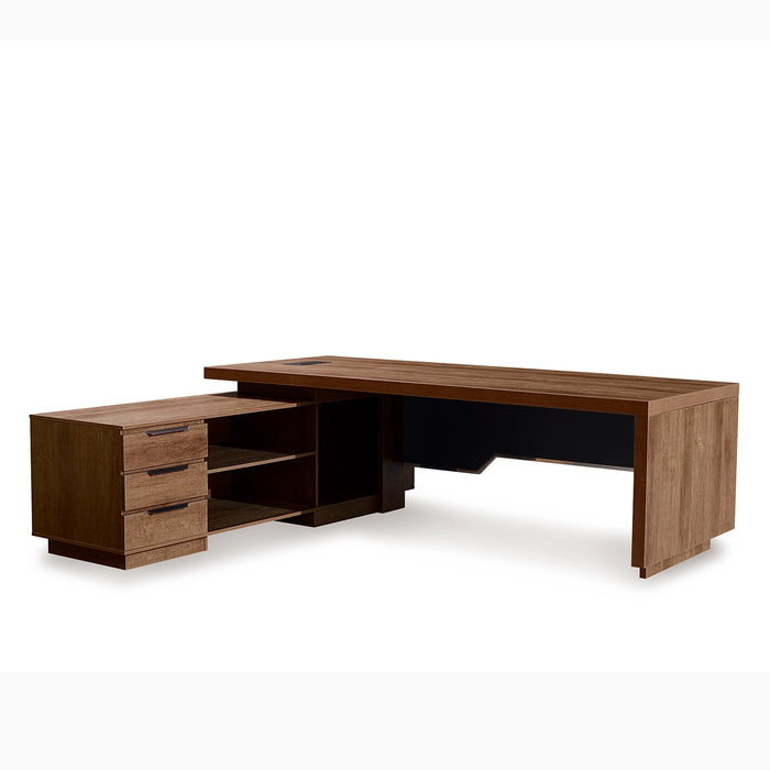 Arcadia Large Upscale Natural Dark Brown Oak Professional and Home L-shaped Executive Office Desk with Cabinets, Drawers, Cable Management, Baffle, and Return Desk