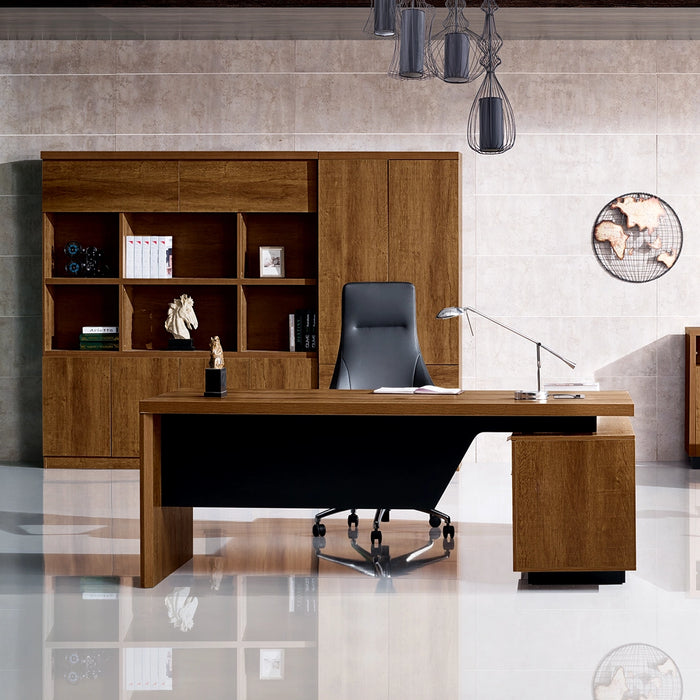 Arcadia 中型高档天然深棕色橡木专业和家庭 L 形行政办公桌，带橱柜、抽屉、电缆管理和回程台