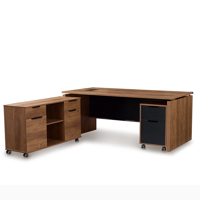 Arcadia Mid-sized Upscale Natural Dark Brown Oak Professional and Home Executive Office Desk Set with Mobile Cabinets, Drawers, and Cable Management