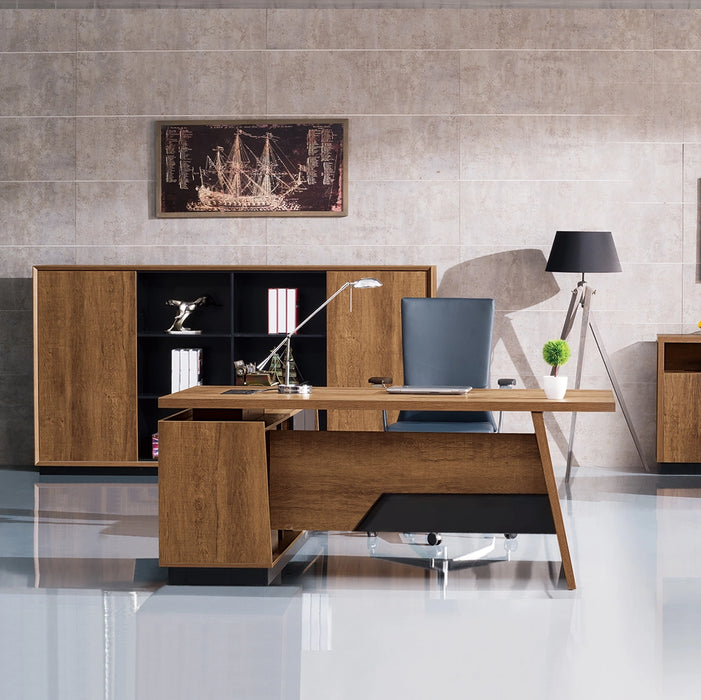 Arcadia 中型高档天然深棕色橡木专业和家庭 L 形行政办公桌，带橱柜和抽屉、电缆管理和回程台